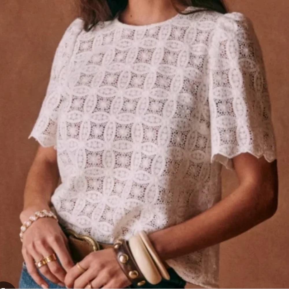 Sezane White Lace Short Sleeve Blouse